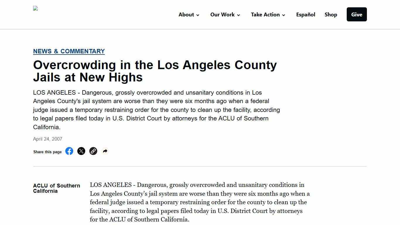 Overcrowding in the Los Angeles County Jails at New Highs - ACLU of Socal